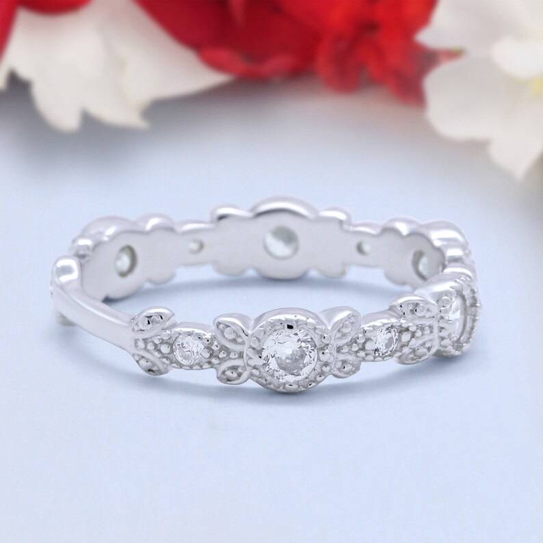 4mm Art Deco Wedding Eternity Band Stackable Round Diamond 925 Sterling Silver