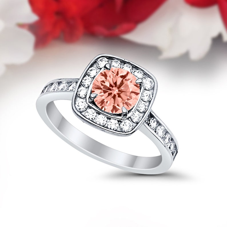 Solid 14K White Gold Halo Vintage Solitaire Accent Wedding Engagement Ring Bridal 1.00 Carat Round Morganite CZ Accent