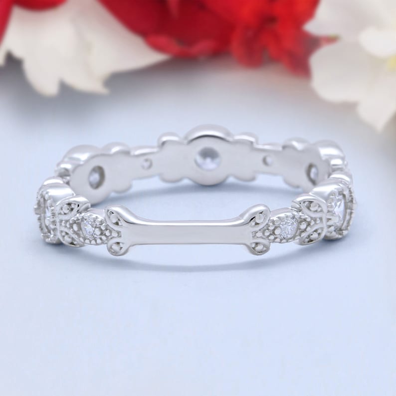 4mm Art Deco Wedding Eternity Band Stackable Round Diamond 925 Sterling Silver
