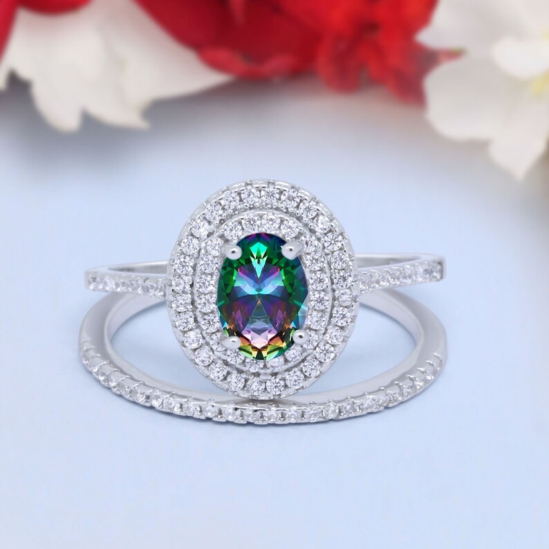 Two Piece Double Halo Art Deco Wedding Band Engagement Ring Oval Simulated Diamond 925 Sterling Silver