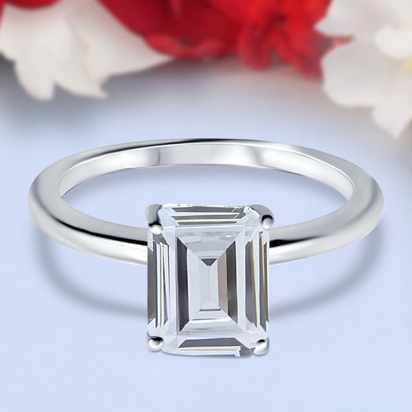 Emerald Cut Simulated Diamond Cathedral Solitaire Wedding Engagement Ring 925 Sterling Silver