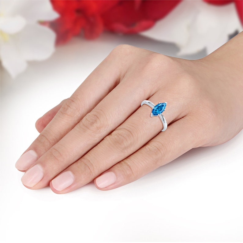 Solitaire Marquise Wedding Engagement Ring 1.00CT Marquise Shape Simulated Blue Topaz Solid 14K White Gold Dazzling Anniversary Bridal