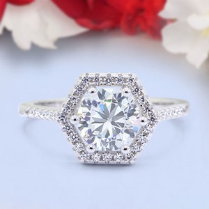 Art Deco Hexagon Wedding Bridal Ring Round Simulated Diamond 925 Sterling Silver