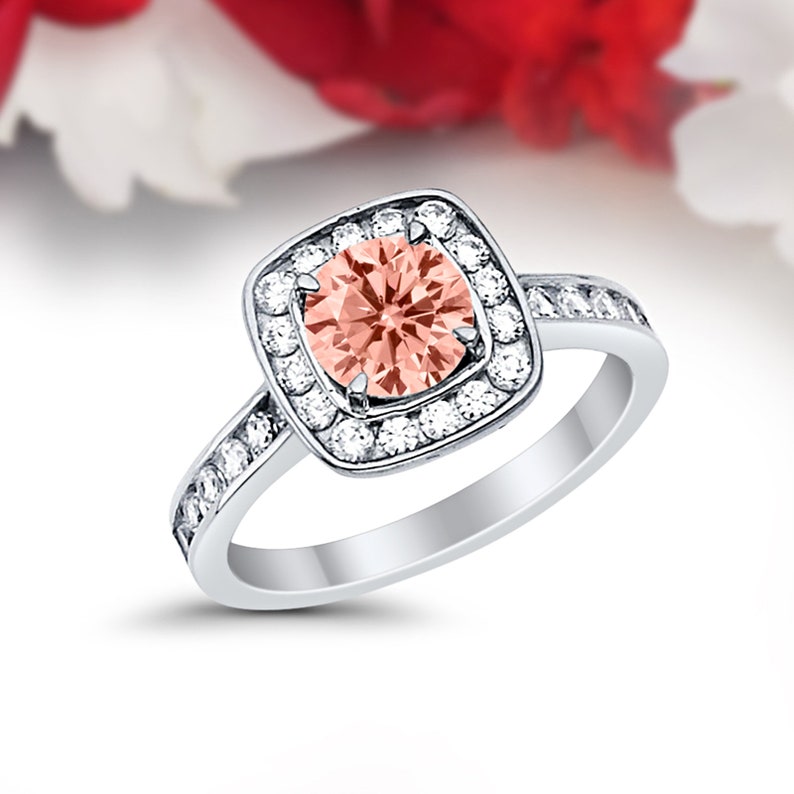 Solid 14K White Gold Halo Vintage Solitaire Accent Wedding Engagement Ring Bridal 1.00 Carat Round Morganite CZ Accent
