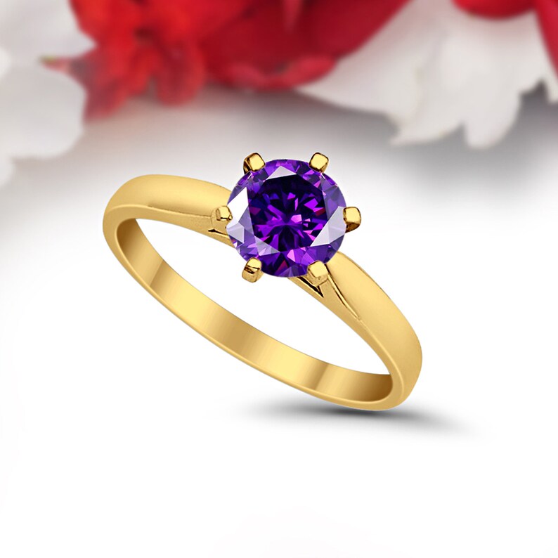 Solitaire 1.25 Carat Round Amethyst CZ 14K Solid Yellow Gold Wedding Engagement Ring 6 Prong Bridal Not Plated Solid Gold