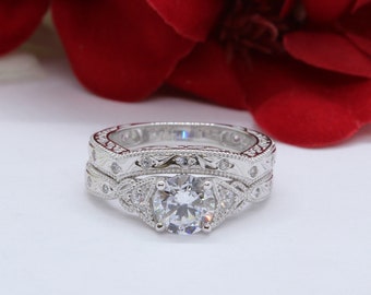 Art Deco Bridal Set  Round 1.50 Carat Simulated Diamond 14K White Gold Wedding Engagement Ring Band Filigree Ring