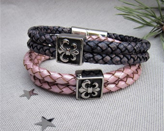 Two braided partner bracelets leather 6 mm - with stainless steel beads and magnetic closure with locking - unique pieces