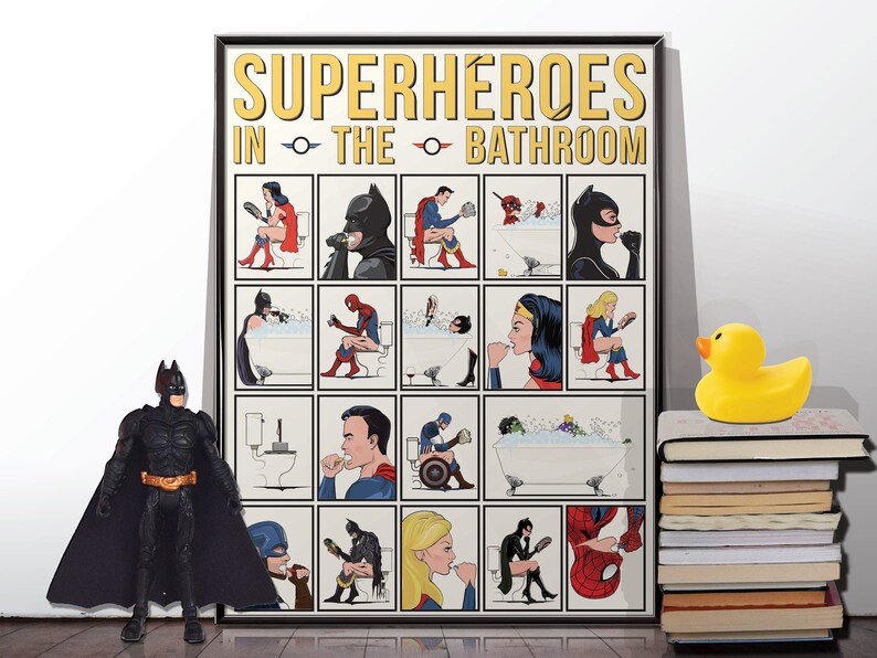 Superhéroes en el baño Cartel arte de la pared. Superhéroe | Etsy