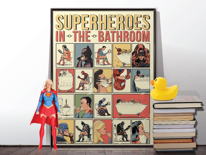 Superhero Bathroom Poster Comic Book Wall Art Print Home Etsy