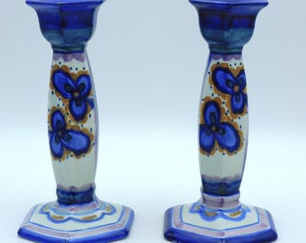 1930s Pair CARLTON WARE Hand Painted Rare *SHAMROCK* Pattern Candlesticks 16.5cm H