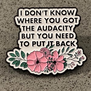 Peut inclure: Épinglette rectangulaire avec le texte "I DON'T KNOW WHERE YOU GOT THE AUDACITY BUT YOU NEED TO PUT IT BACK" en lettres noires sur fond blanc. L'épinglette présente des fleurs roses et des feuilles vertes.