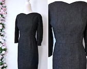 50s Black Wiggle Dress, 1950s Floral Fitted Cocktail Dress, Wedding Guest Dress, Large Plus Size, Low Back Metal Zip- My Vintage Party Dress