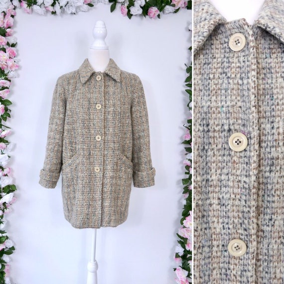 Vintage 70s Plaid Wool Coat Retro 1970s Coat Beige