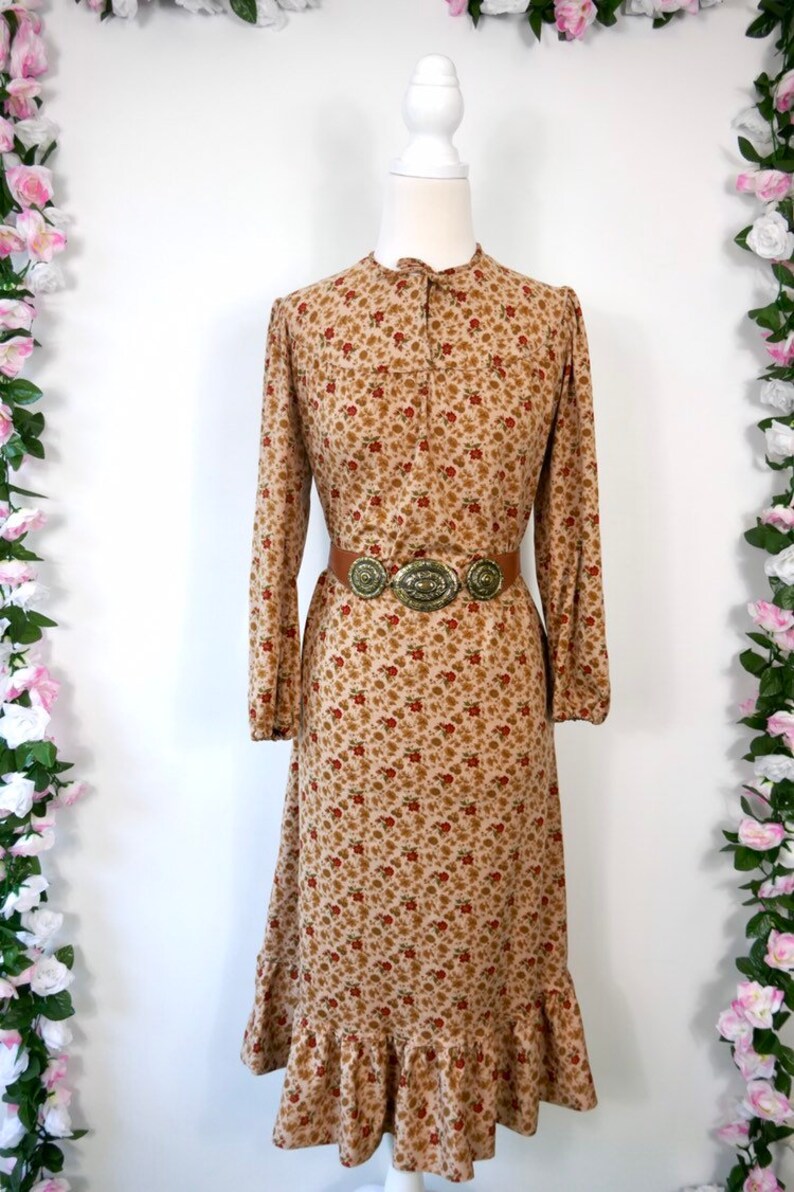 Vintage 70s Floral Day Dress Beige Brown Red Boho Chic Bohemian Hippie Festival Romantic Medium Large Retro 1970s Winter Dress