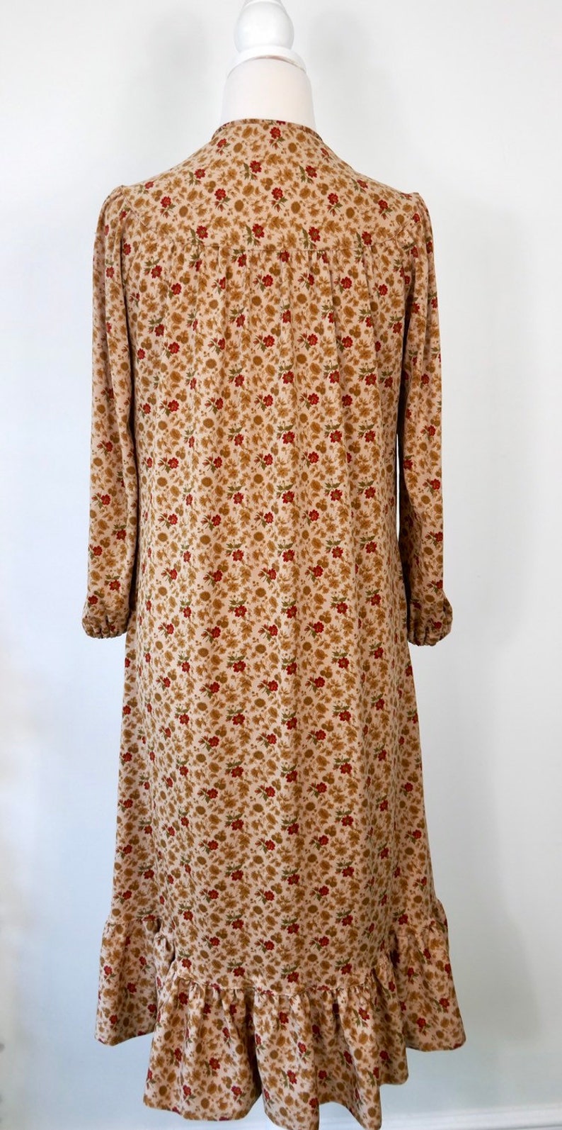 Vintage 70s Floral Day Dress Beige Brown Red Boho Chic Bohemian Hippie Festival Romantic Medium Large Retro 1970s Winter Dress