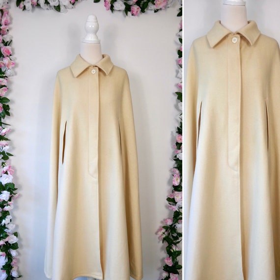 Vintage Wool Cape Beige Off White 70s Coat, Long K