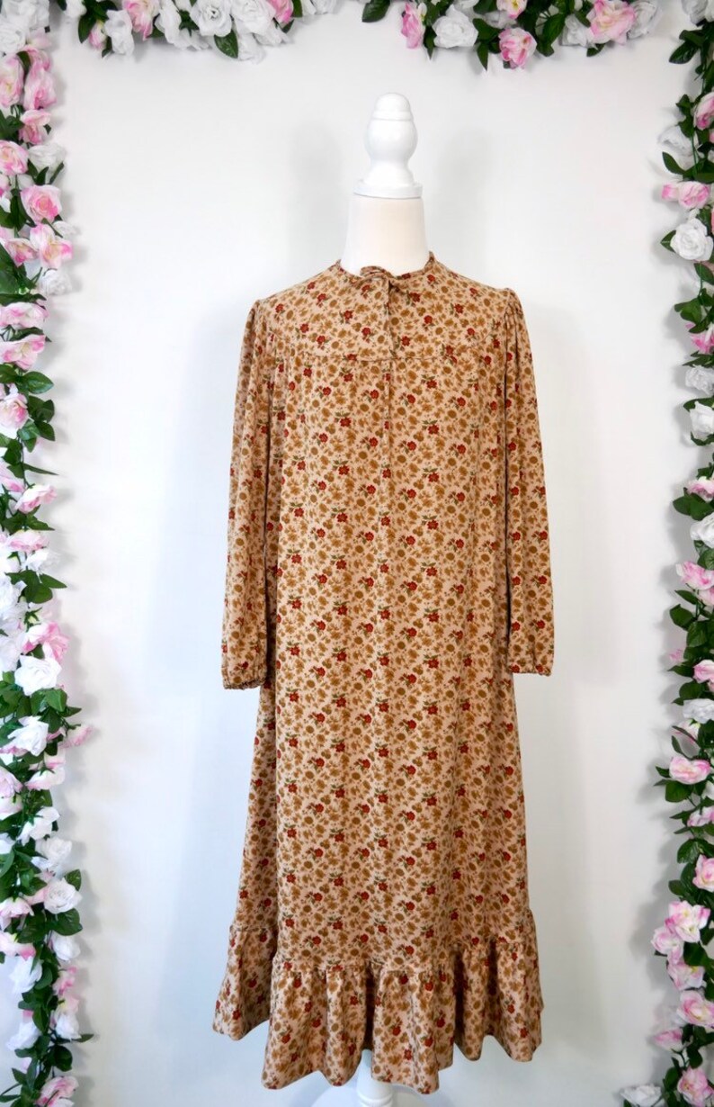 Vintage 70s Floral Day Dress Beige Brown Red Boho Chic Bohemian Hippie Festival Romantic Medium Large Retro 1970s Winter Dress