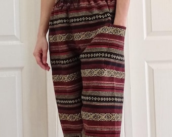 Hmong Handwoven Cotton Harem Pants: Boho Smocked Baggy Trousers