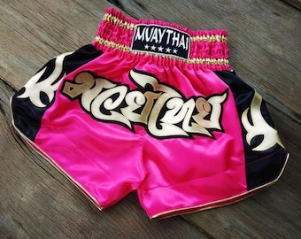Muay Thai Boxing Shorts for Adult - Pink and Black Side with Gold Thai Pattern Stripes - Thai Boxing Shorts from Thailand