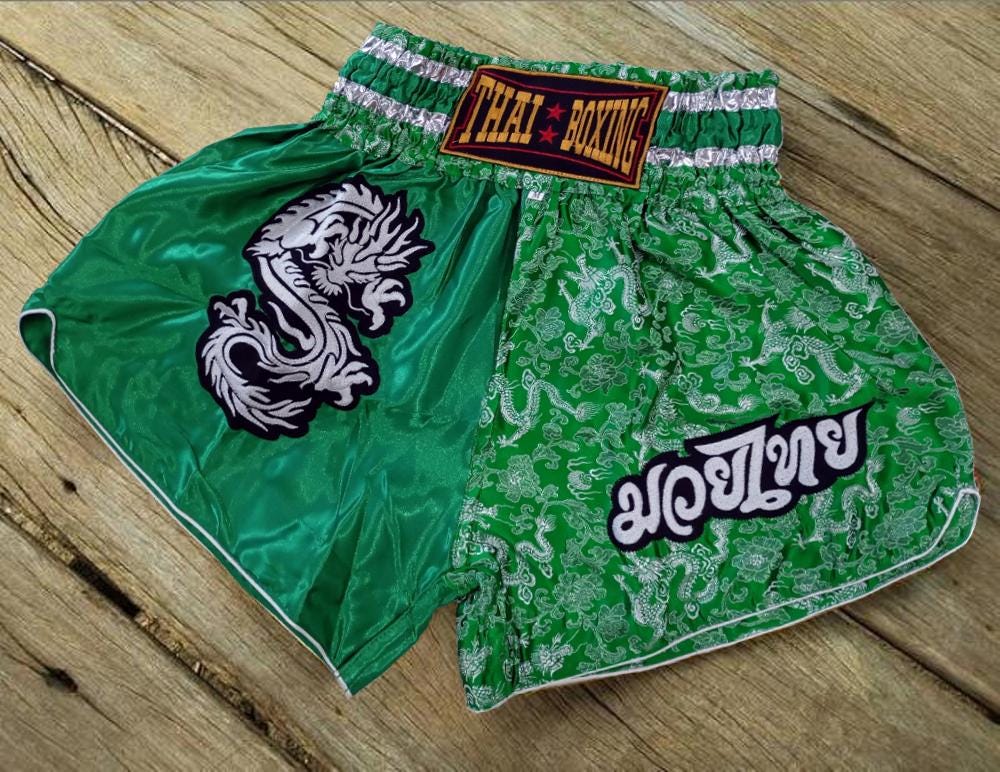 Muay Thai Boxing Shorts for Adult - Green with Silver Dragon