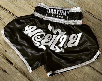 Muay Thai Boxing Shorts for Adult - All Black with Silver Stripes at the hem of the shorts - Thai Boxing Shorts from Thailand