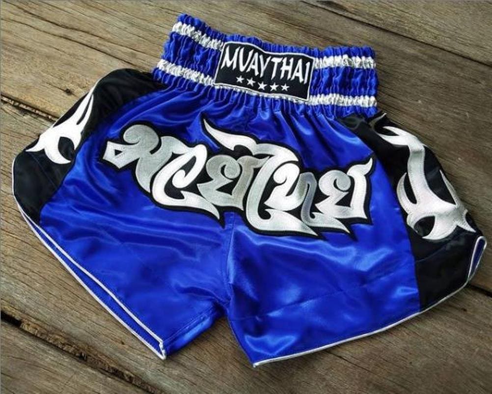 Muay Thai Boxing Shorts for Adult - Blue and Black Side with Silver Thai Pattern Stripes - Thai Boxing Shorts from Thailand
