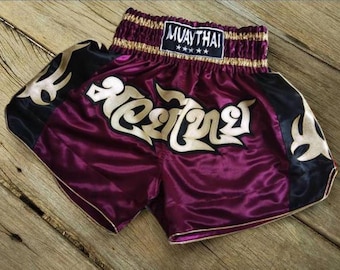 Muay Thai Boxing Shorts for Adult - Dark Purple and Black Side with Gold Thai Pattern Stripes - Thai Boxing Shorts from Thailand