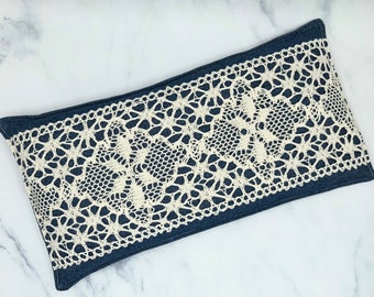 Rice Bag Heating Pad, Microwavable, Rice Pillow, Upcycled Denim, Custom, One of a Kind Design, Denim & Ivory Lace