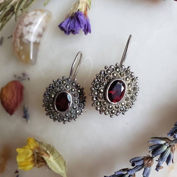 Vintage Sterling Silver Garnet and Marcasite Earri