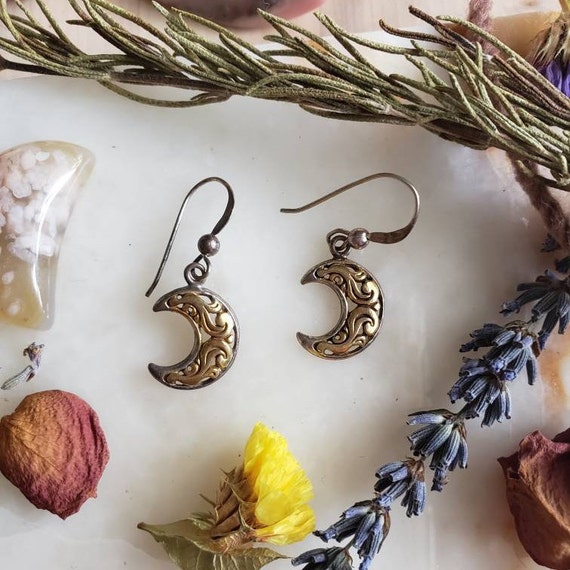 Vintage Sterling Silver Gold Vermeil Filigree Crescent Moon Earrings