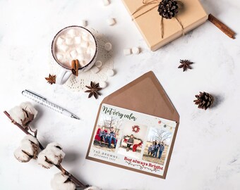 May include: A Christmas card with a photo collage of a family. The card has the text "Not every calm, but always bright." and "The Browns, December 2022".