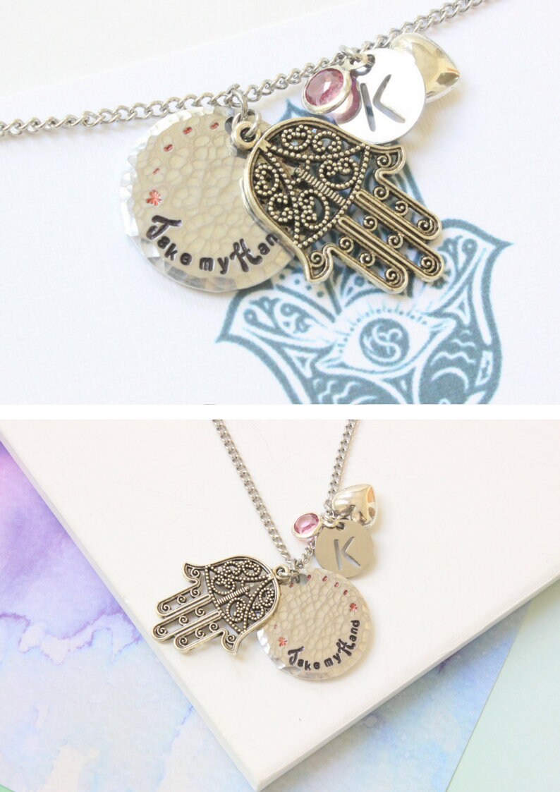 Personalised Hand of Hamsa Necklace with initial and birthstone