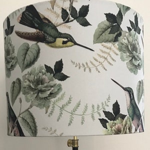 Linen lampshade with birds and foliage on an off white background, perfect design for a standard lamp, table lamp or bedsides lamps