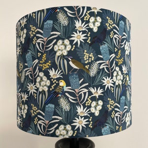 Australian native flora and fauna lampshade with a midnight blue background, perfect for any room really, it has a bright and fresh design.