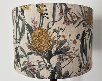 Australian native flora lampshade, made from 100% Linen fabric, perfect for a floorlamp or large base. This fabric is just beautiful.