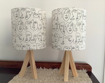 Bedside lamps, pair of impressionist, minimalist print in the style of Picasso, black on white faces