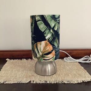 Small/Nook touch lamp, leafy tropical fabric. Handmade in Australia.