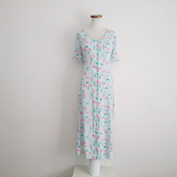 Vintage 90s Button Through Dress UK 14 Midi Calf Length 40s Look Tulip Floral Pattern Aqua Green Blue Pink White Tea Viscose Ties Back 16