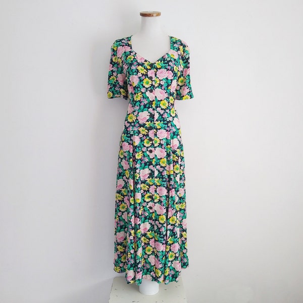 Vintage 90s Floral Dress M 12 14 Pockets Yellow Pink Rose Green Black Purple Ankle Corset Tie Back Waist Viscose Tea 40s Button Up Maxi Full