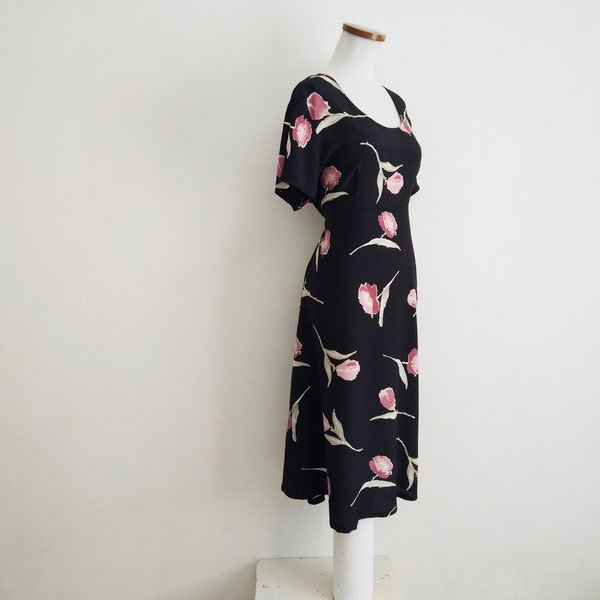 Vintage 90s Floral Midi Dress M 12 14 Black Pink Purple Green Tie Back Waist Viscose Tea 40s Past Knee - Midi Empire 30's