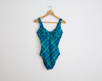 Vintage 90s St Michael Marks & Spencer Swimsuit S UK 8 8-10 Seersucker Check One Piece Green Blue Swimwear Underwire Cups Checked