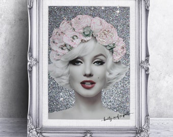 Marilyn Monroe Black Glitter Canvas Picture Shabby Chic frame.