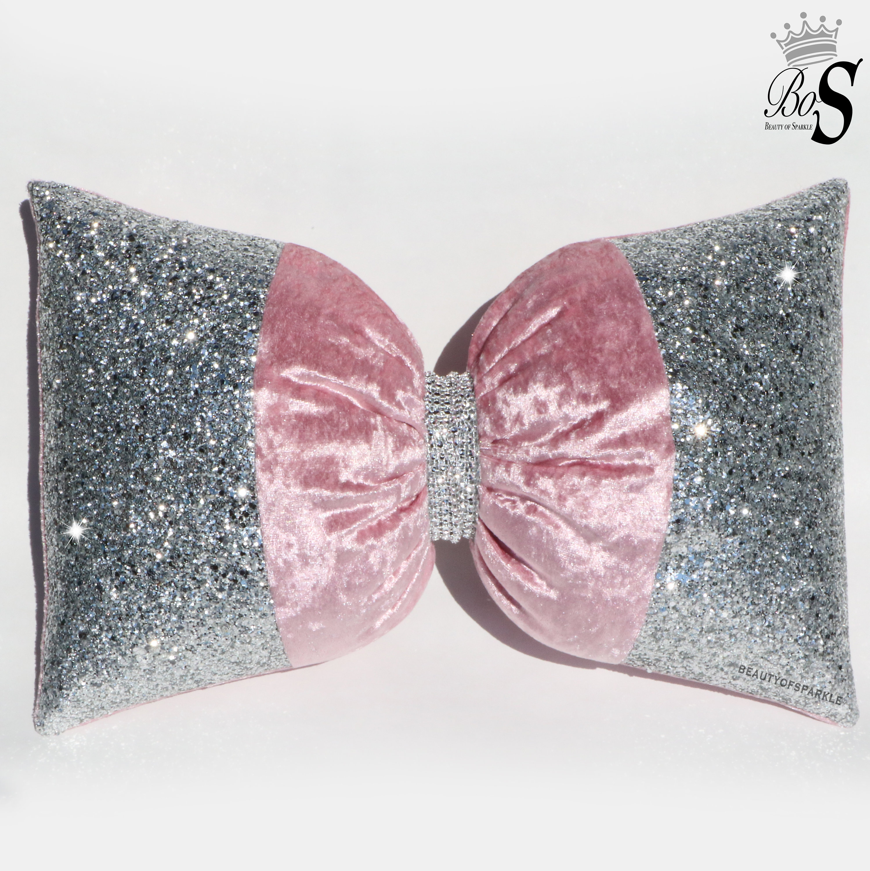 Glitter Bow Large Cushion Dusty Pink Crushed Velvet Silver