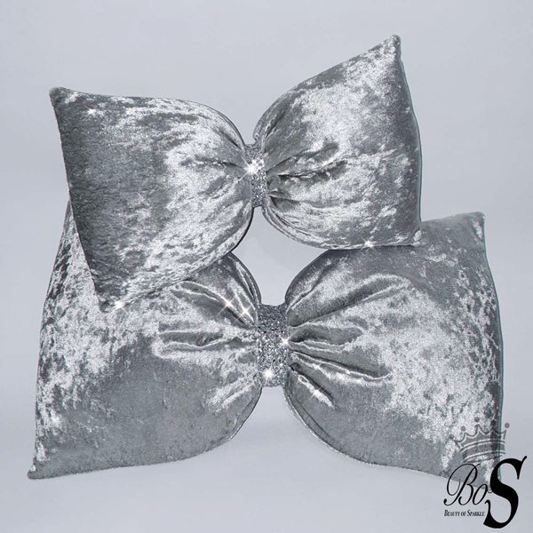 Sparkle Silver Crushed velvet glitter bow cushion, 2 sizes