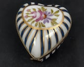 Limoges Trinket Box Heart Shaped Hand Painted Flowers and Stripes L Mark