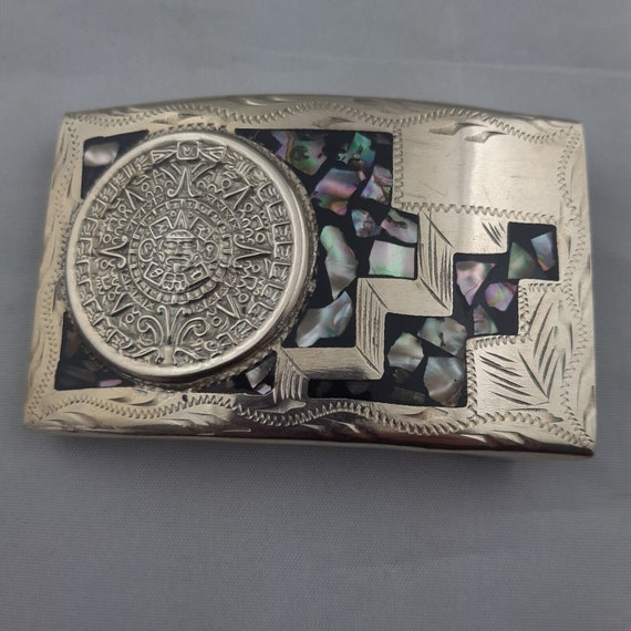 Alpaca Silver Belt Buckle Abalone Inlay Aztec Calendar  display picture 2