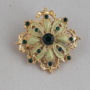 Vintage Gold Tone Brooch with Green Enamel and Stones Flower Sunburst Style