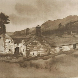 May include: A sepia-toned watercolor painting of a stone building with a thatched roof, set against a backdrop of rolling hills. The building has multiple chimneys and windows, and a large tree stands to the left of the structure.