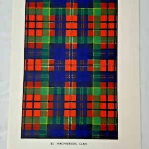 May include: A colourful tartan pattern in red, green, blue and yellow. The text "82. MACPHERSON, CLAN." is printed below the pattern.