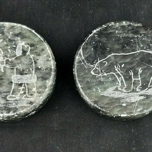 Pair of Soapstone Inuit Carved round Paperweights Igloo Polar Bear